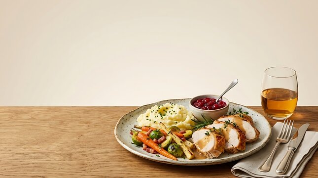 Roasted turkey breast dinner with mashed potatoes carrots and cranberry sauce