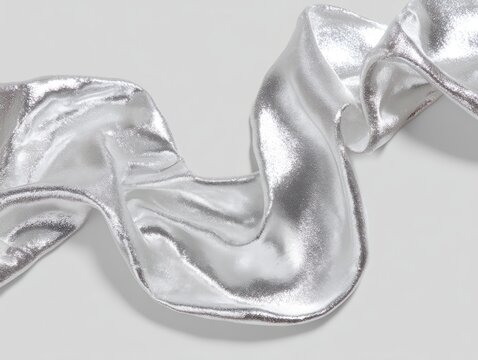 Close-up of shiny, silver fabric ribbon, gently curving, set against a neutral, light gray background