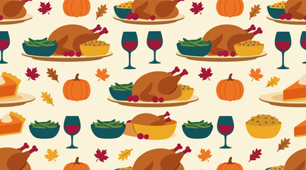 Fototapeta premium Thanksgiving Dinner Seamless Pattern with Roasted Turkey and Autumn Leaves Illustration
