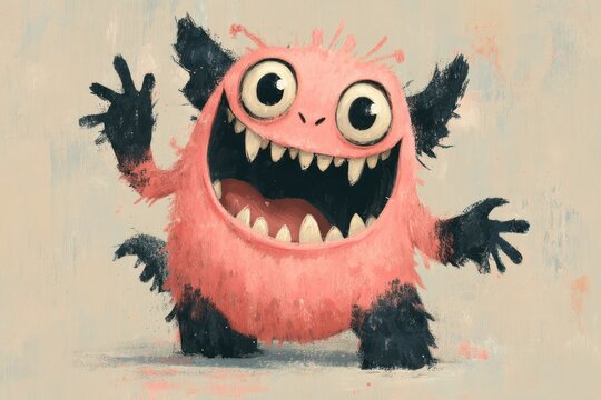 Whimsical illustration of a fluffy, pink monster with sharp teeth and large, excited eyes