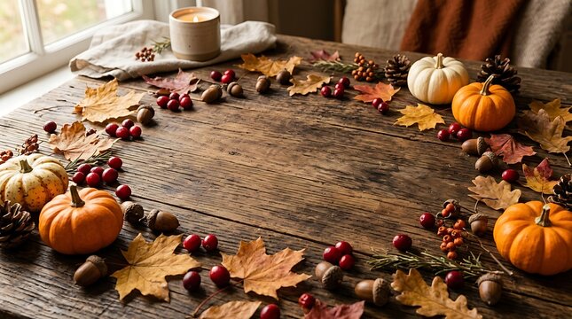 Rustic autumn table background with pumpkins maple leaves acorns and berries