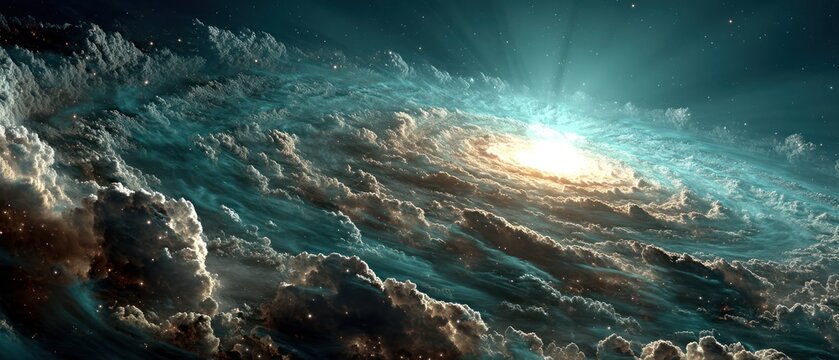 A luminous, swirling celestial formation with layers of clouds and radiant light