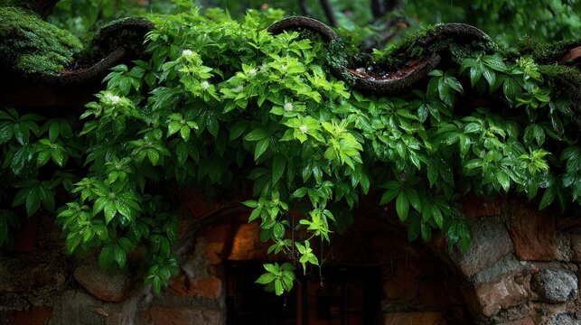 Lush green vines with small white flowers cascade over a weathered brick facade and roof tiles