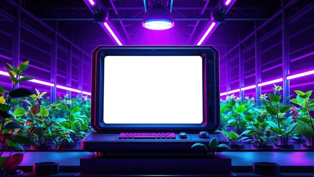 Retro computer setup amidst lush greenery. Neon lights illuminate vibrant plants, creating futuristic garden aesthetic. Dark background enhances glow.