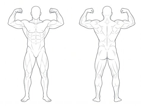 Muscular Male Anatomy Study Showing Front and Rear Double Biceps Poses With Detailed Full Body Definition