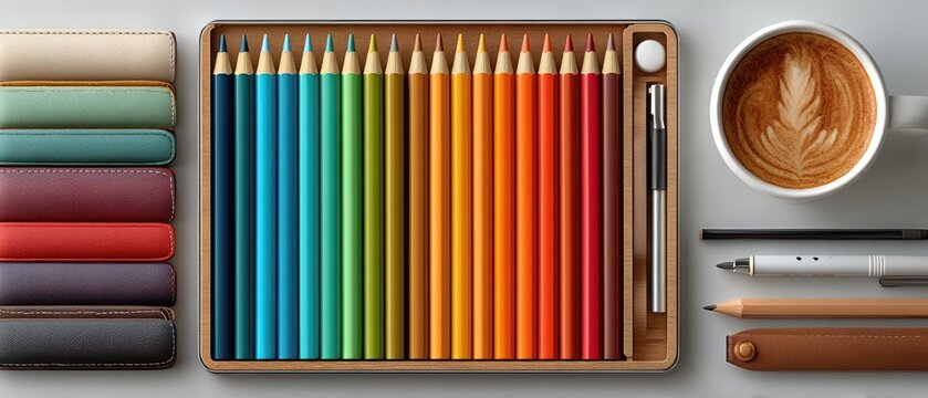 Overhead shot of pencils, pens, a coffee cup with latte art, and several leather-bound cases