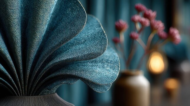 Close-up of blue fabric sculpted like petals, with blurred floral arrangement