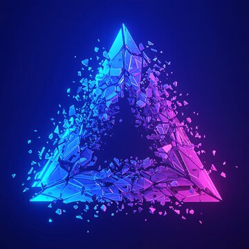 Futuristic glowing triangular crystal structure dissolving into vibrant blue and pink particles against a dark neon background