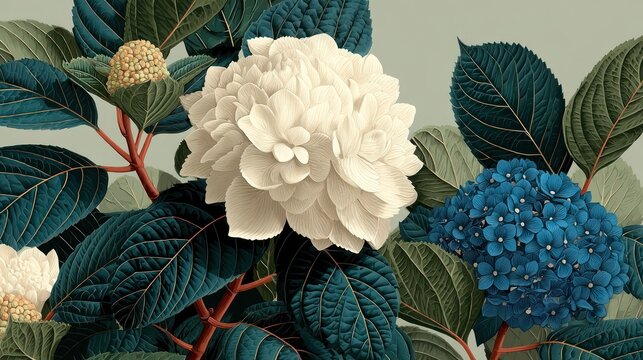 Artistic botanical rendering showcasing various blooming flowers with lush, dark green leaves