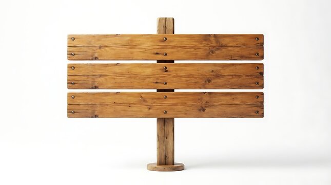 Wooden sign post with three horizontal blank planks on a white background, concept for direction and information