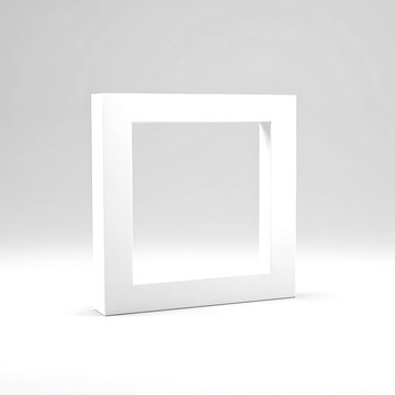 Minimalist white square frame standing on a clean surface with soft shadows against a light gray studio background