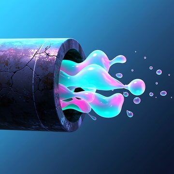 Colorful abstract liquid energy flowing from a cracked industrial pipe with glowing droplets on a dark blue background
