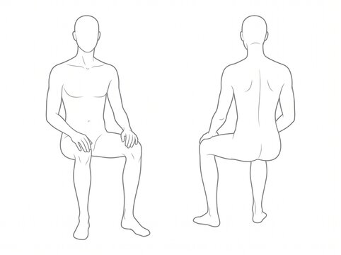 Seated Male Figure Reference With Front Rear and Side Views Demonstrating Natural Sitting Anatomy and Body Proportions