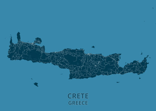 Deep teal and oceanic blue map of Crete, Greece, highlighting Heraklion, Chania, Rethymno, Agios Nikolaos, mountain ranges, and coastal road networks.