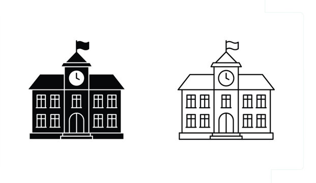 School building icon set featuring solid black silhouette and detailed linear outline styles with clock tower flag vector