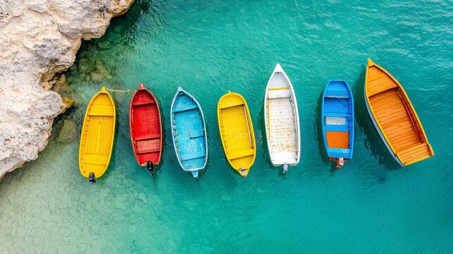 Colorful row of small boats docked in clear turquoise water against rocky shoreline, idyllic summer scene