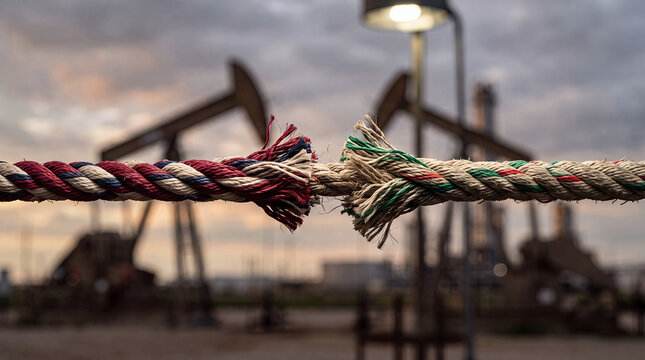 United States and Iran Oil Conflict Represented by Tensioned Rope