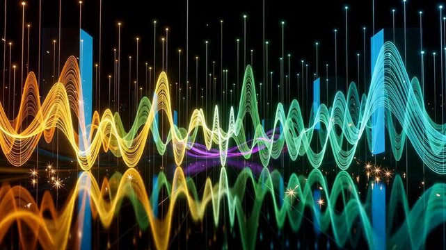 Vibrant multicolored waveforms and vertical light bars in a reflective digital space with floating particles