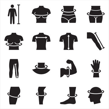 Body measurements icons set showing human dimensions and size chart in black silhouette style with body measurement weight loss tape measure body shape fitness sign tailor element height metric