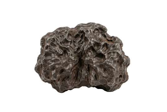 Grey iron meteorite fragment with pitted surface texture on black background