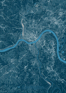 Deep teal street map centered on Covington, Kentucky, highlighting the Ohio River bend, Licking River confluence, downtown Cincinnati across the river, and surrounding interstate corridors.