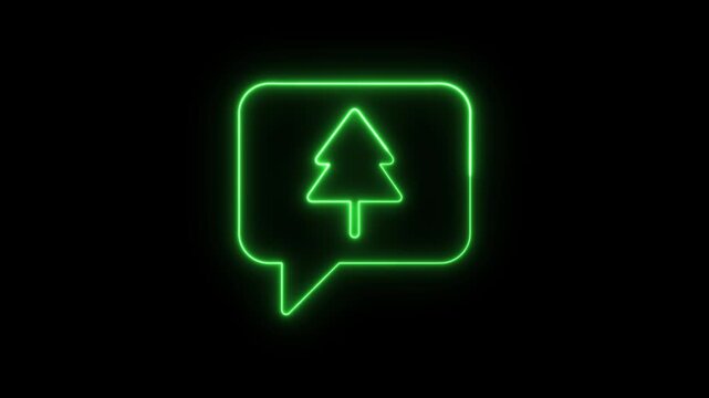 Glowing green neon speech bubble icon with a simple pine tree symbol inside.