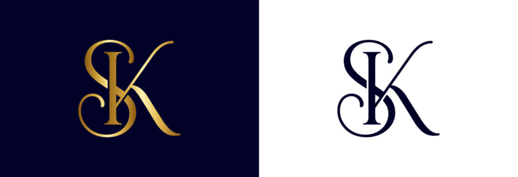 Chic SK initials logo with flourish on navy background.