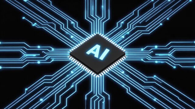3D Artificial Intelligence Microchip with Glowing Blue Circuitry