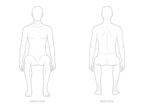 Seated Male Figure Anatomy Study Showing Symmetrical Front and Rear Views With Relaxed Hands and Extended Legs