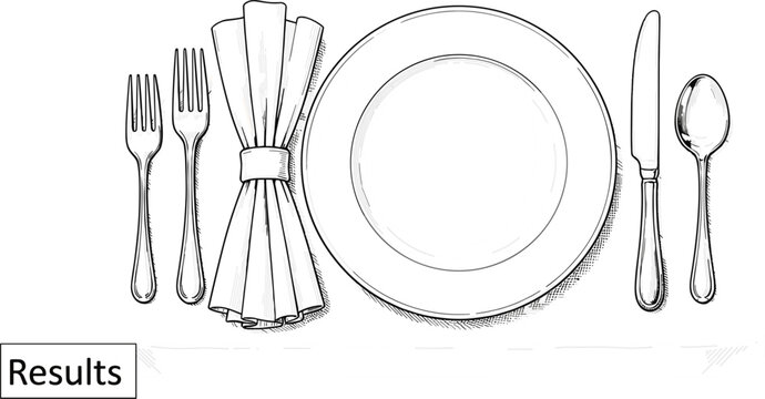 Table setting arrangement sketch vector illustration with ceramic dinner plate folded napkin rings forks and spoons