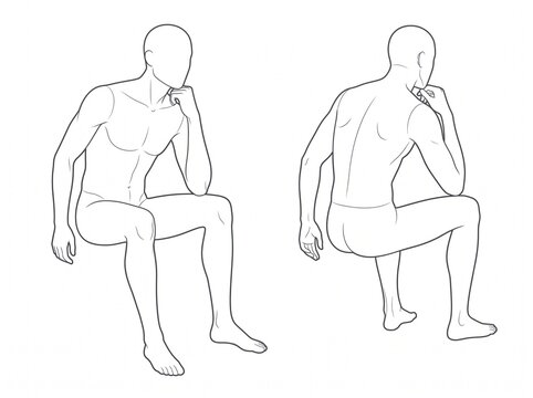 Seated Male Figure Anatomy Study With Front and Rear Views Featuring One Raised Knee and a Resting Hand Pose