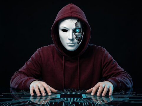 A futuristic AI hacker in a hoodie wearing a cracked white mask revealing a robotic cyborg eye, hovering hands over a glowing blue circuit board desk, artificial intelligence and cybersecurity threat 
