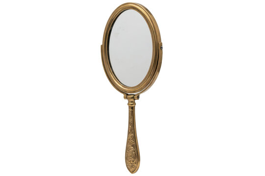 Antique oval hand mirror with ornate brass handle and reflective glass surface isolated on a transparent background