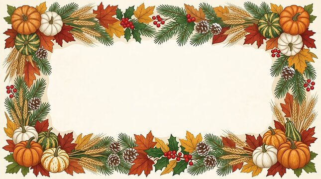 Cozy autumn and winter holiday border design with pumpkins, pinecones, and colorful leaves