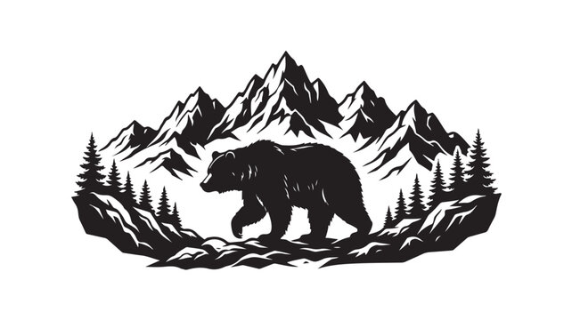 Vintage grizzly bear silhouette in mountain landscape, rustic forest wildlife vector, black and white wilderness nature scene logo