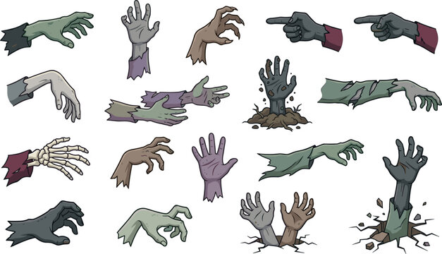 Zombie Hands and Creepy Arms Vector Icon Set with Spooky Undead Monsters Claw Gestures for Halloween Holiday Graphic Designs
