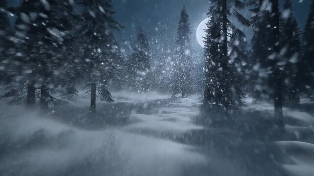 月夜の森を駆け抜ける猛烈な吹雪