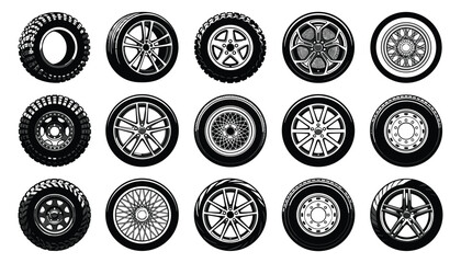 Car wheels and tires vector set with various alloy rims offroad treads transport automotive parts isolated graphic icons © Monzurul