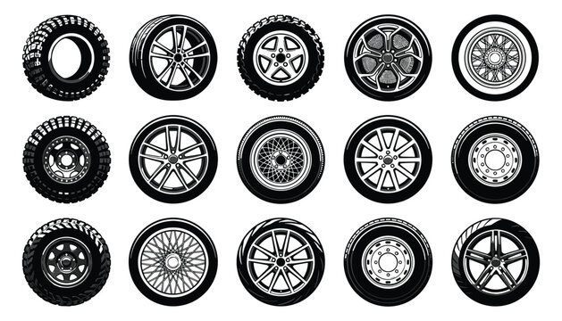 Car wheels and tires vector set with various alloy rims offroad treads transport automotive parts isolated graphic icons