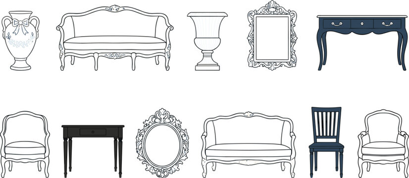 Vintage luxury furniture icon set with antique sofa chair table frame and vase for classic interior design vector