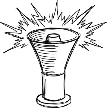 Vintage siren loudspeaker horn vector sketch illustration showing loud sound blast waves for emergency alert and notification themes