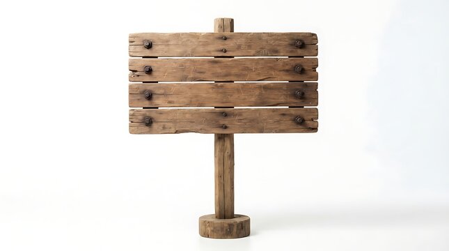 Rustic wooden signpost with four planks isolated on a clean white background for design and messaging