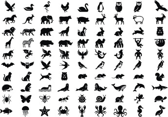 Fototapeta premium Wild animals birds and marine sealife creatures mega black icons pack including mammals insects fish and reptiles