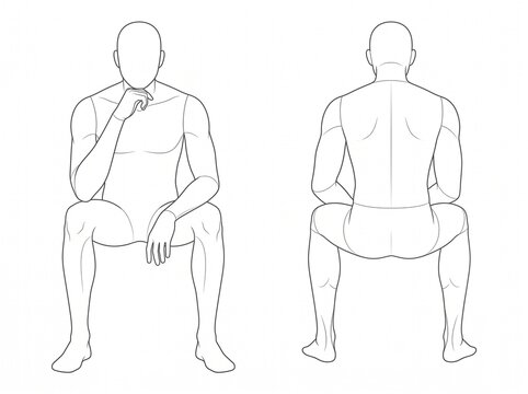 Seated Male Anatomy Study With Front and Rear Views Featuring One Hand Raised Toward the Face and Relaxed Legs