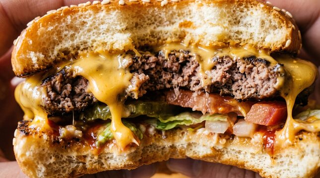 Cheeseburger Bite Macro Shot with Melted Cheese and Fresh Toppings
