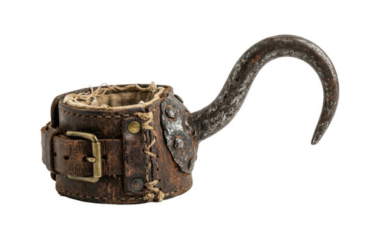 Steampunk prosthetic metal hand hook attached to worn leather strap cuff isolated