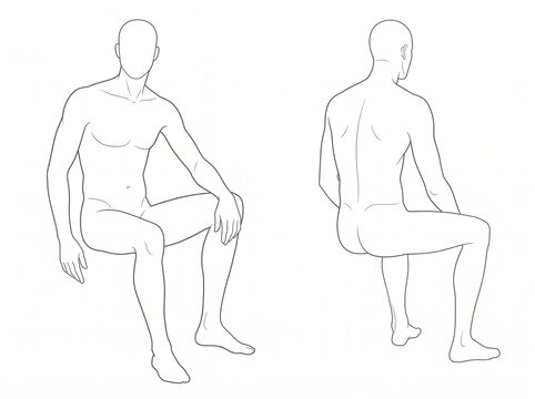 Seated Male Figure Study Displaying Front and Rear Body Views With Relaxed Arms and Natural Asymmetric Sitting Pose