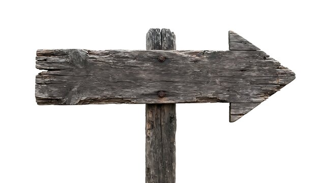 Old weathered wooden direction sign post pointing to the right isolated on a white background