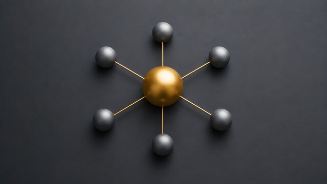 Central Golden Sphere Connected to Black Spheres on Dark Background Business Networking and Communication Hub Concept 3D Render