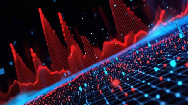 Abstract digital data visualization with red and blue glowing lines and dots, representing financial market trends or technological network. ..Created with Generative AI, not depicting real subjects.